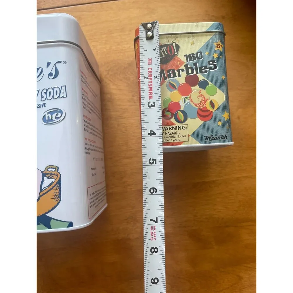 Lot of 2 Tins Nellie's Laundry Detergent & Neto Marbles ~Storage Advertising